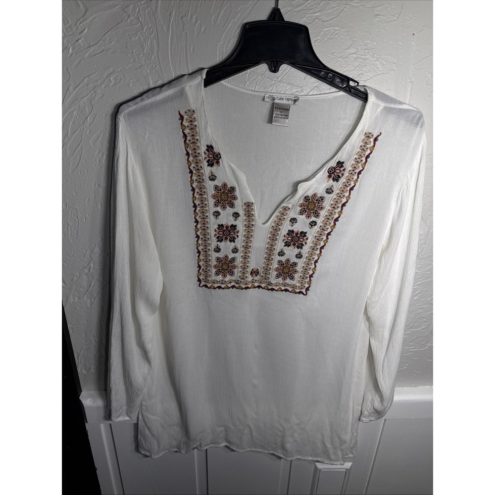 Cute Options WMNsL 100% Rayon Ivory Embroidered‎ Peasant Boho Blouse Long Sleeve